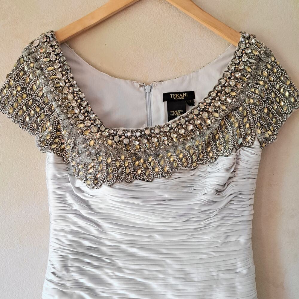 NEW TERANI COUTURE C1042 Cocktail Dress Size 8 Light Silver Beaded Ruched $658 - Picture 12 of 15